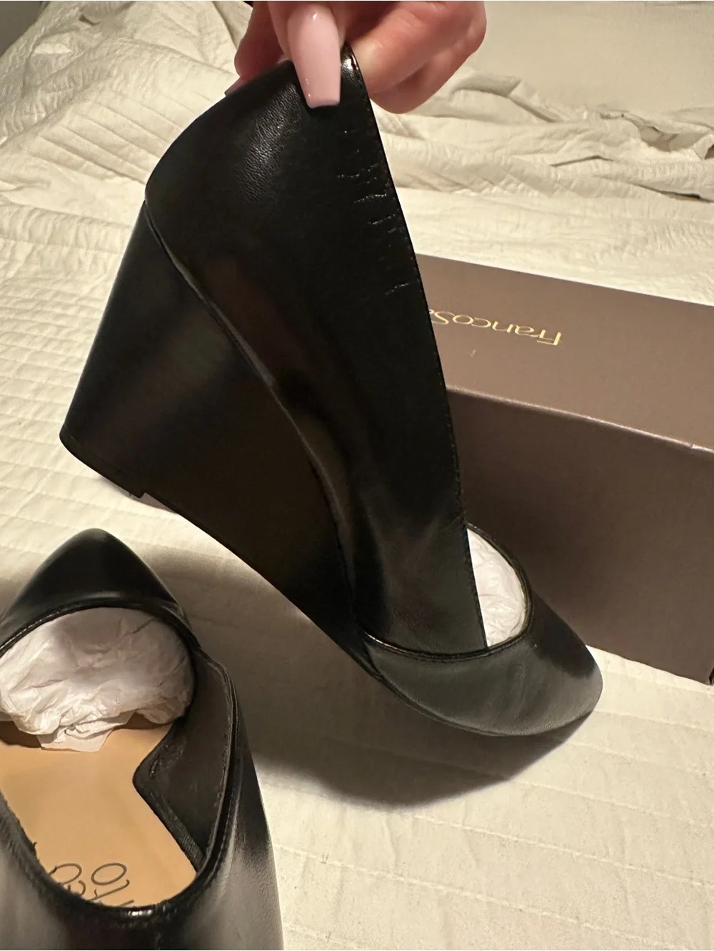 Franco Sarto black leather wedges